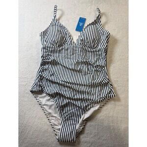 CUPSHINE Navy White Stripe Ruched One Piece Swimsuit V Neck Spaghetti Strap L‎